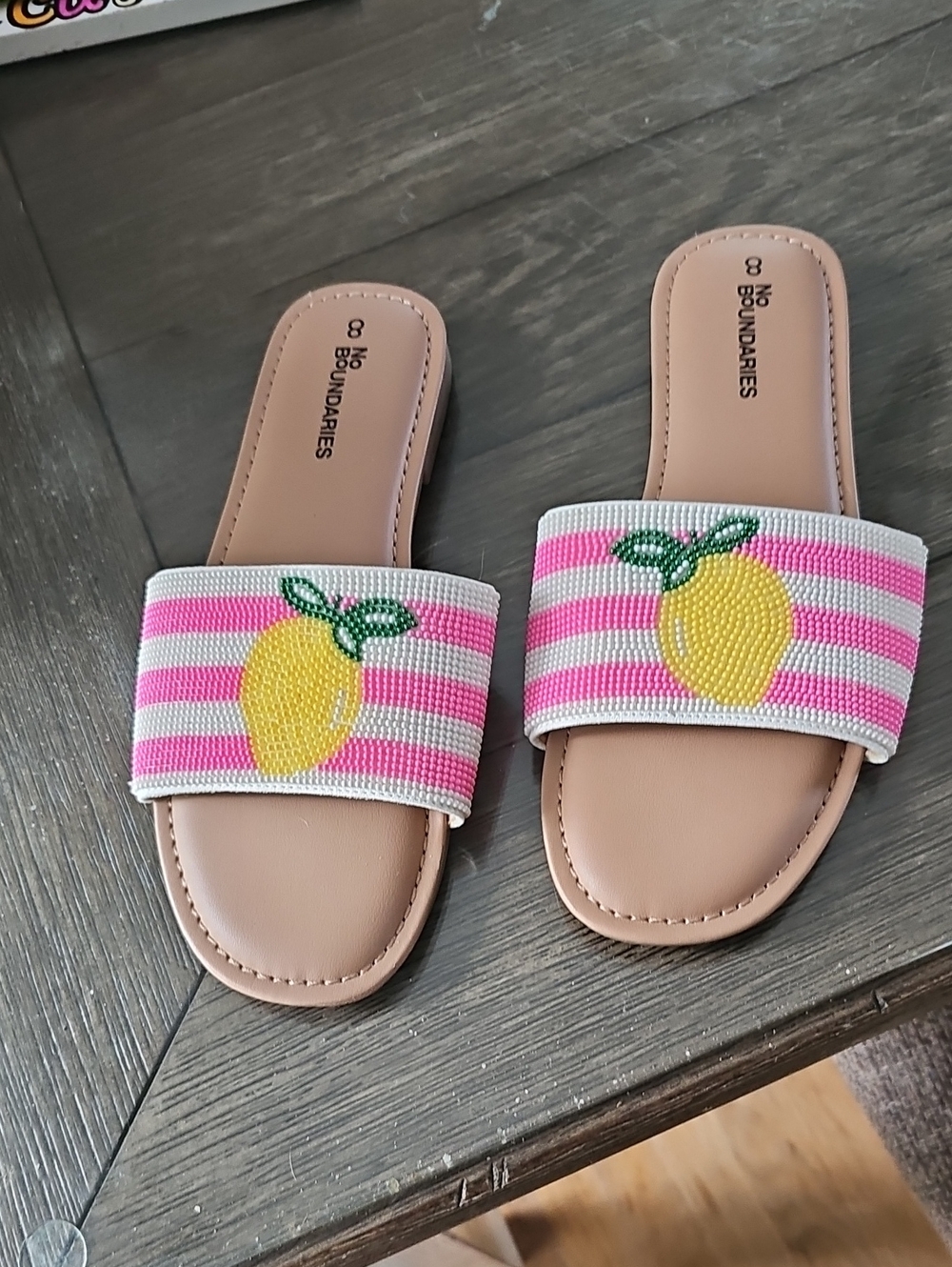 No Boundaries Pink and White Striped Slide Sandals with Yellow Lemon Accent